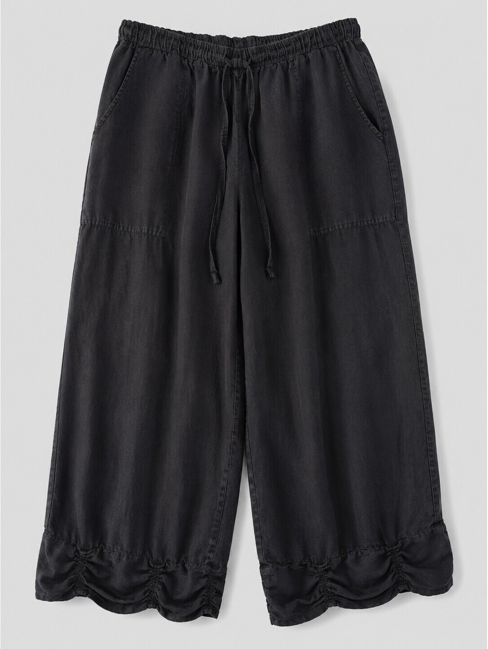 La Fixsun 100% Linen Wide Leg Crop Pants Black Drawstring Elastic Waist